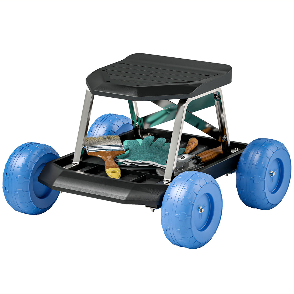 Outsunny Gartenhocker auf Rollen Gartenarbeitstool-Tablett zum Jäten Pflanzen 50 x 49 x 32 cm blau