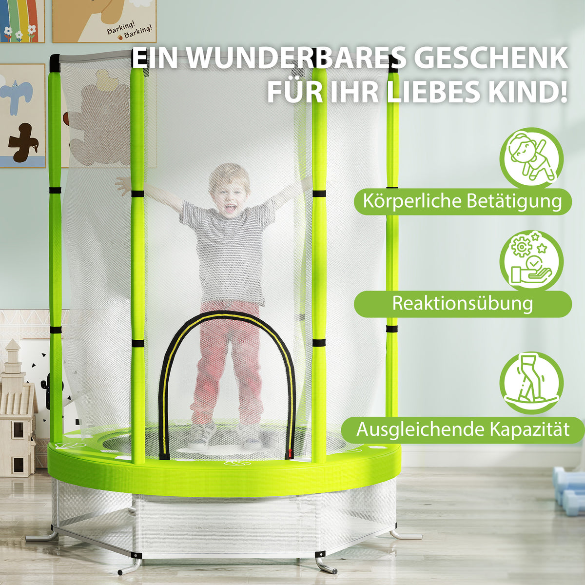 AIYAPLAY Kindertrampolin mit Sicherheitsnetz, für den Innen- und Außenbereich, 3-6 Jahre, Grün