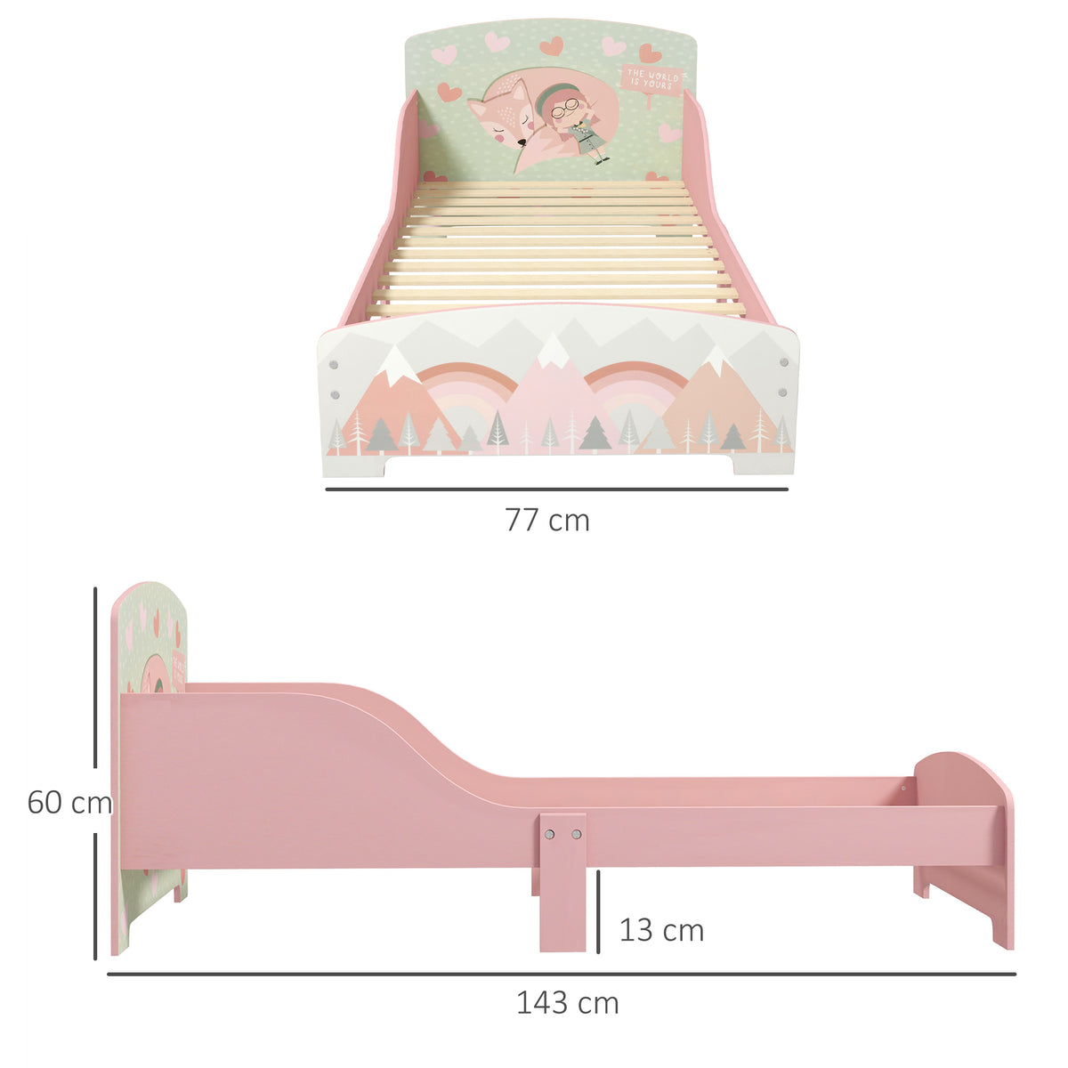 ZONEKIZ Kinderbett 3-6 Jahre mit Sicherheitsbarrieren und Mustern Abmessungen 77 x 143 x 60 cm Lattenrost inklusive - rosa