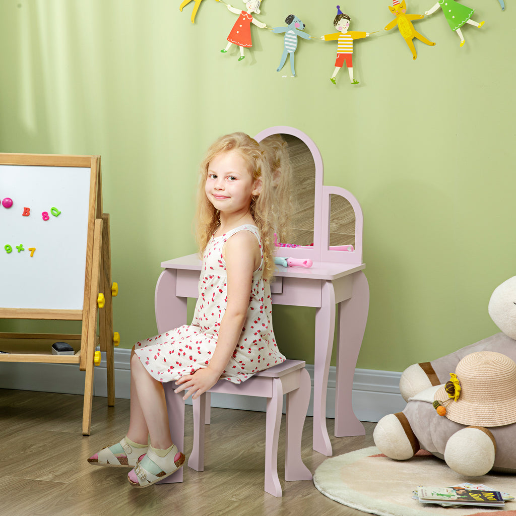 HOMCOM Kinder-Frisiertisch mit Hocker 3 Spiegel und Schublade 3-6 Jahre 52 x 32 x 85 cm Rosa