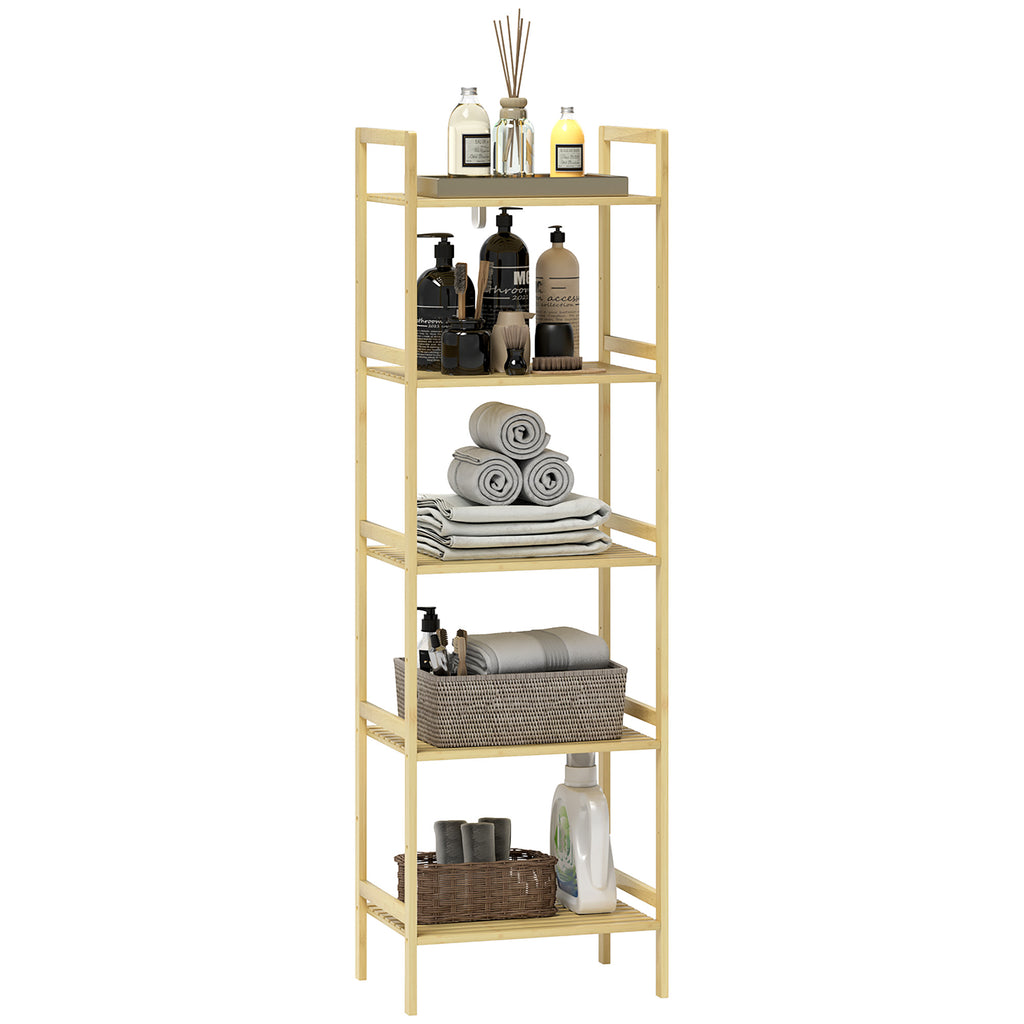 HOMCOM Bambus-Badezimmerregal mit 5 Ebenen, Aufbewahrungsregal mit verstellbaren Regalböden, 43,5 x 31,5 x 142 cm, Naturholz