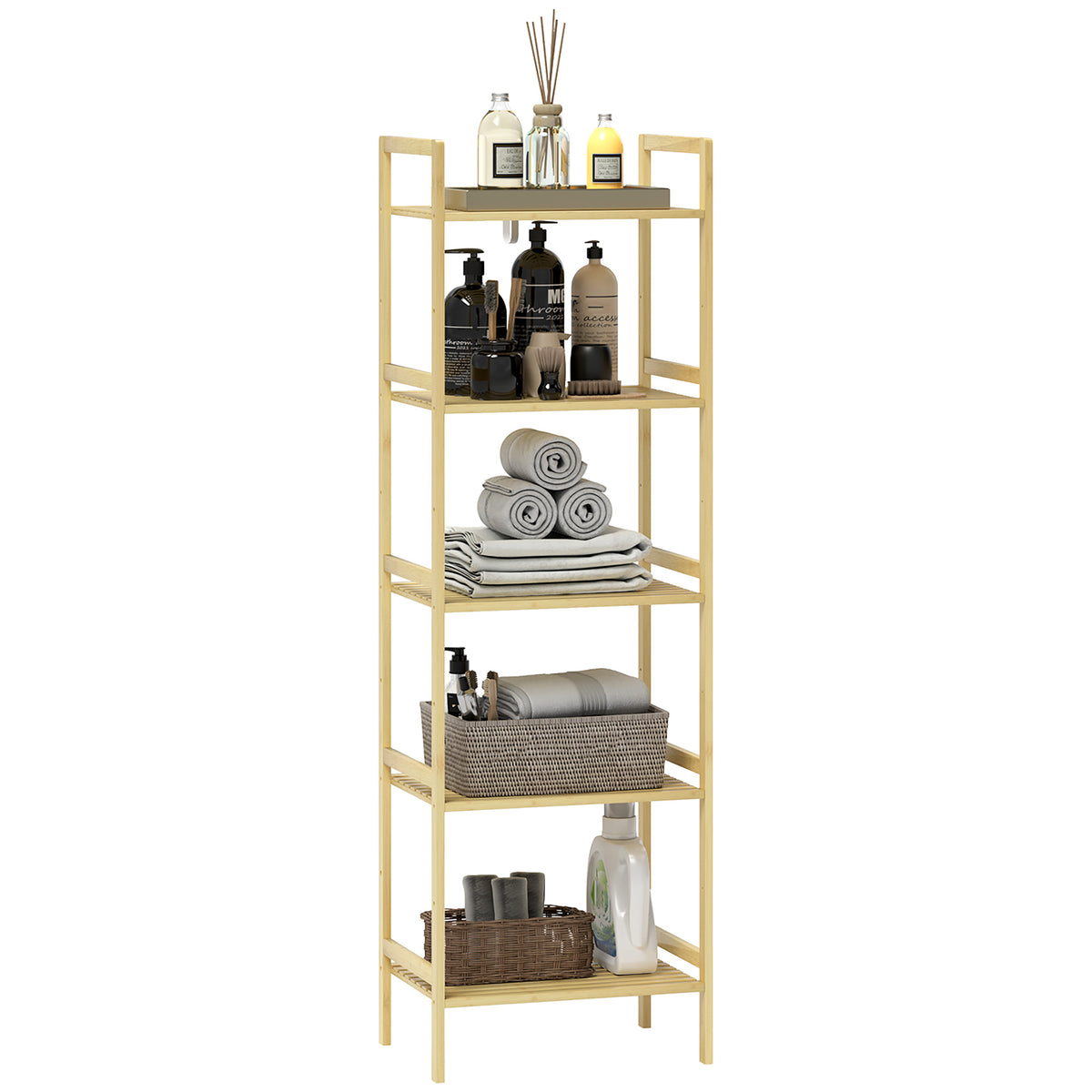 HOMCOM Bambus-Badezimmerregal mit 5 Ebenen, Aufbewahrungsregal mit verstellbaren Regalböden, 43,5 x 31,5 x 142 cm, Naturholz