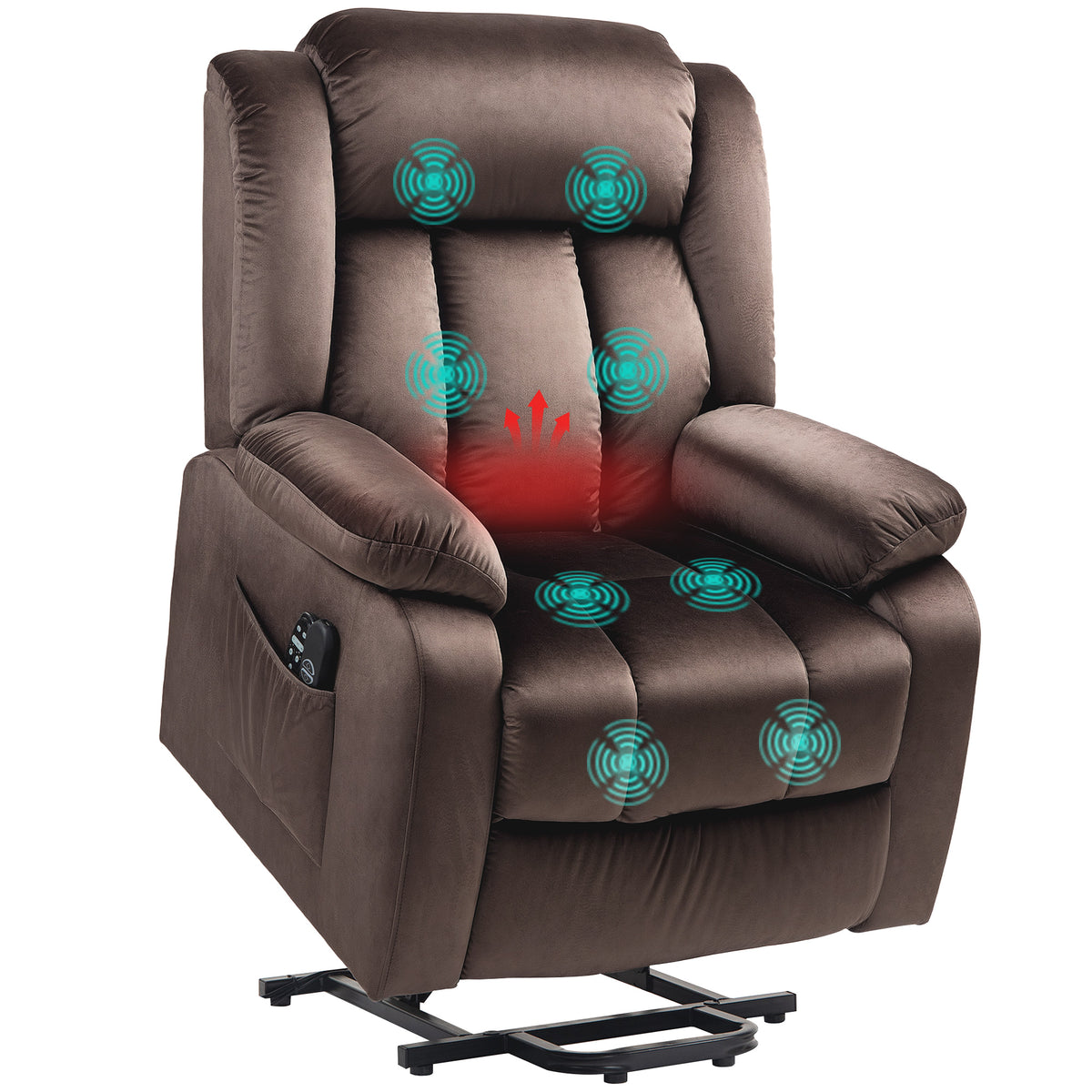 HOMCOM Aufstehsessel mit Massagefunktion und Lendenheizung, Recliner-Sessel mit Fernbedienungen und Seitentaschen, Braun