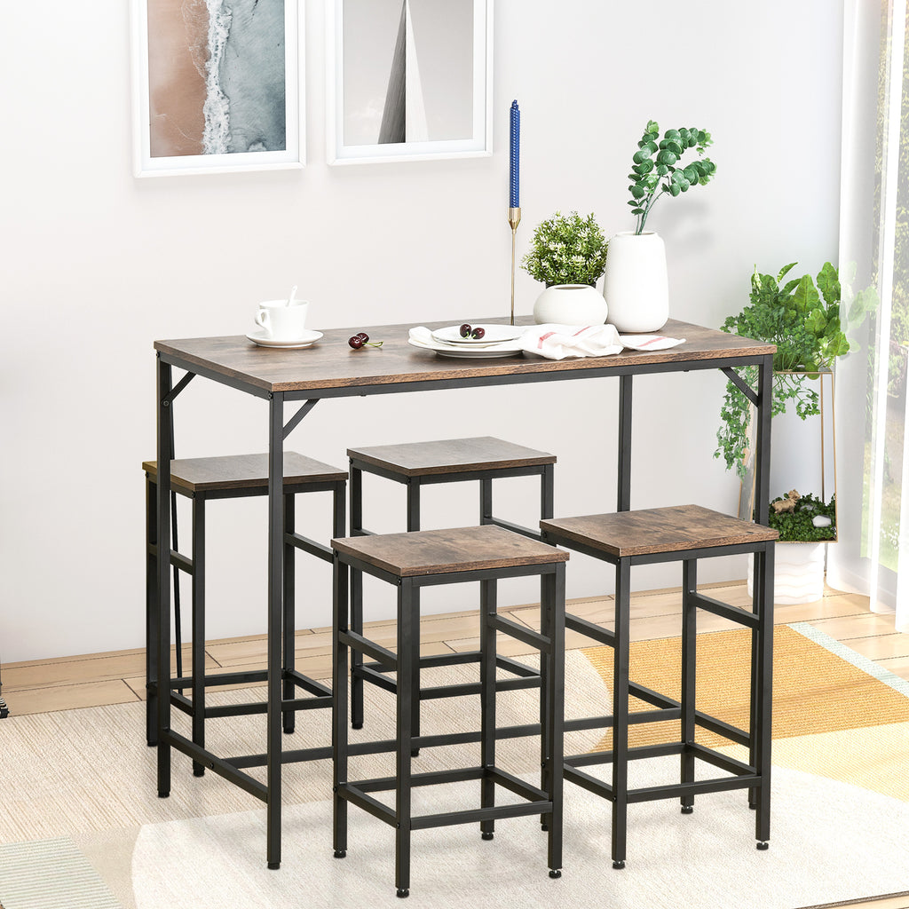 HOMCOM 5-teiliges Bartisch Set Bartisch mit Barhocker-Set Esstisch mit 4 Stühlen Küchentisch für Esszimmer, Küche, Rustikal-Braun+Schwarz