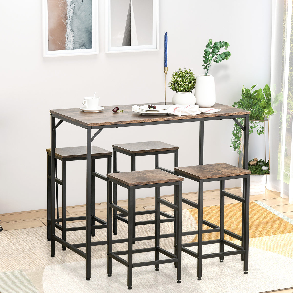 HOMCOM 5-teiliges Bartisch Set Bartisch mit Barhocker-Set Esstisch mit 4 Stühlen Küchentisch für Esszimmer, Küche, Rustikal-Braun+Schwarz
