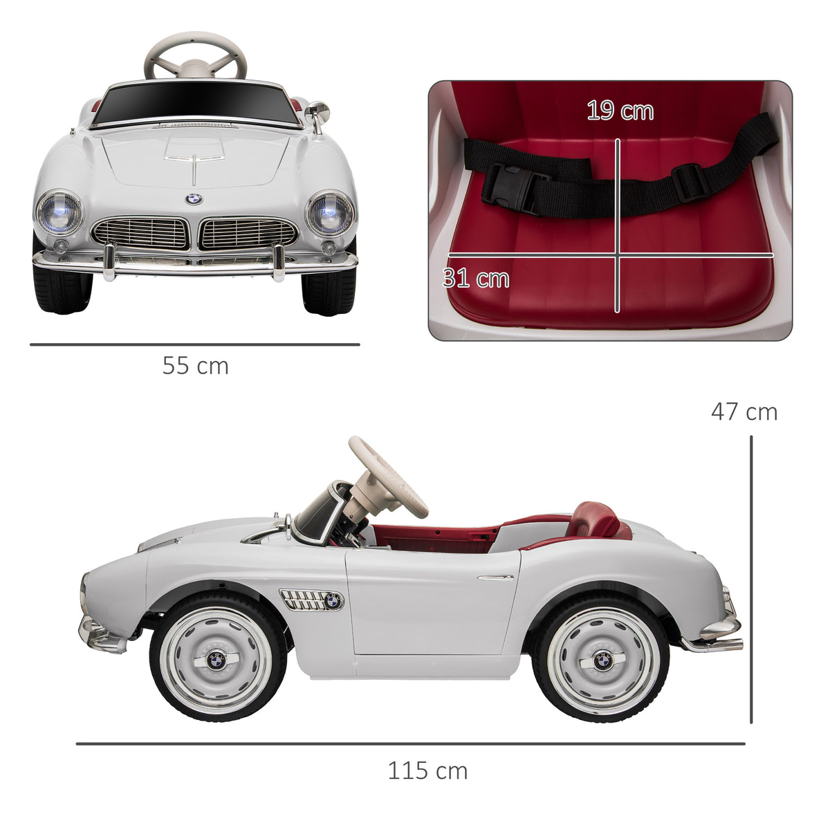 HOMCOM Elektroauto für Kinder Lizenz BMW 507 Retro-Vintage-Stil 12V max. 5 km/h Fernbedienung Weiß