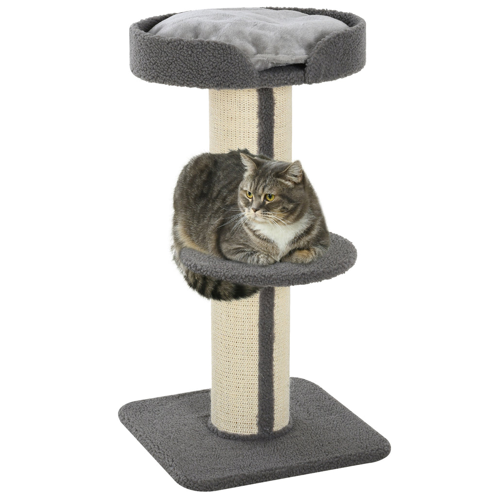PawHut Kratzbaum 91 cm Katzenturm mit Sisalstämme, Plattform, Kissen mehrstöckiger Katzenkratzbaum, Kletterbaum, für mittelgroße Katzen, Grau