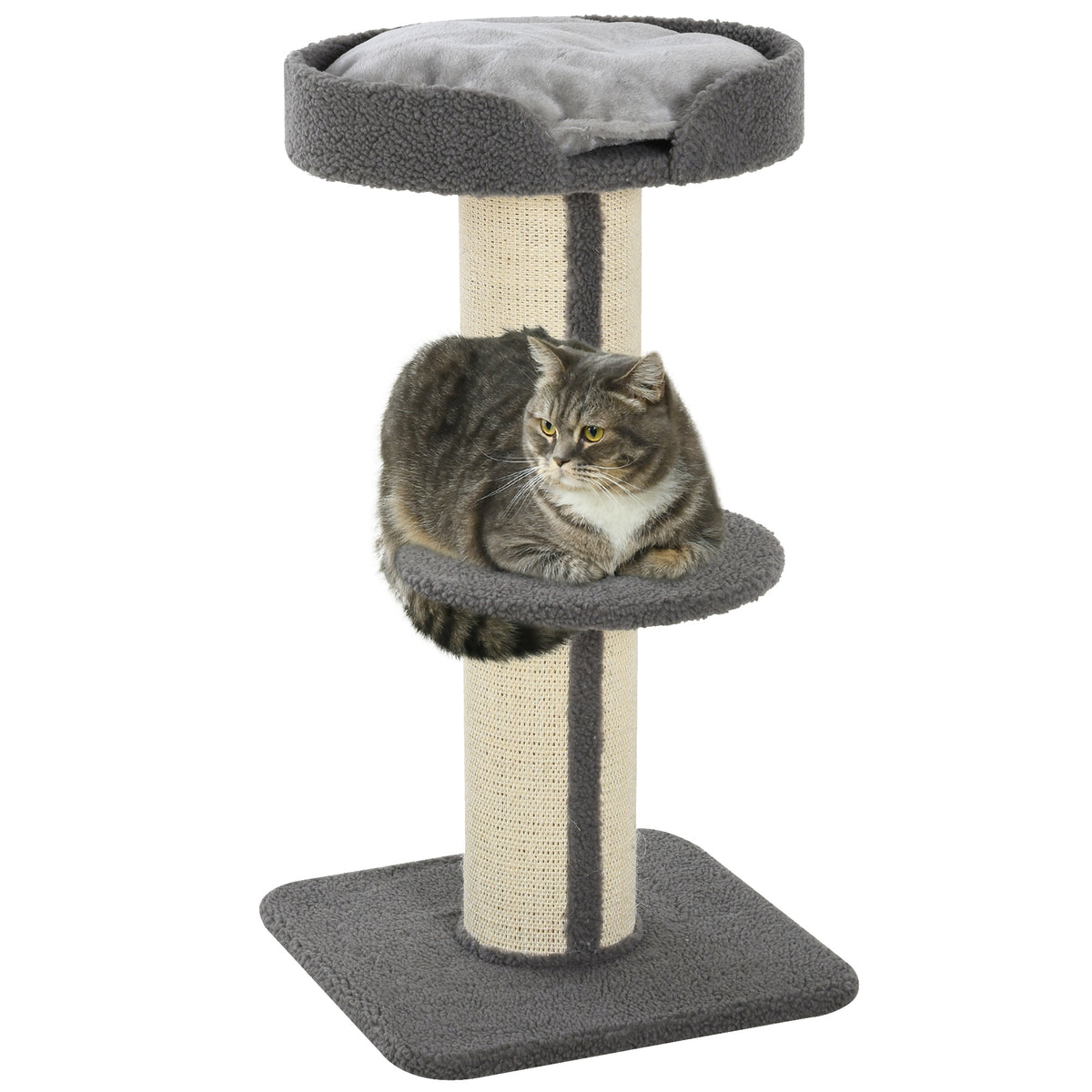 PawHut Kratzbaum 91 cm Katzenturm mit Sisalstämme, Plattform, Kissen mehrstöckiger Katzenkratzbaum, Kletterbaum, für mittelgroße Katzen, Grau