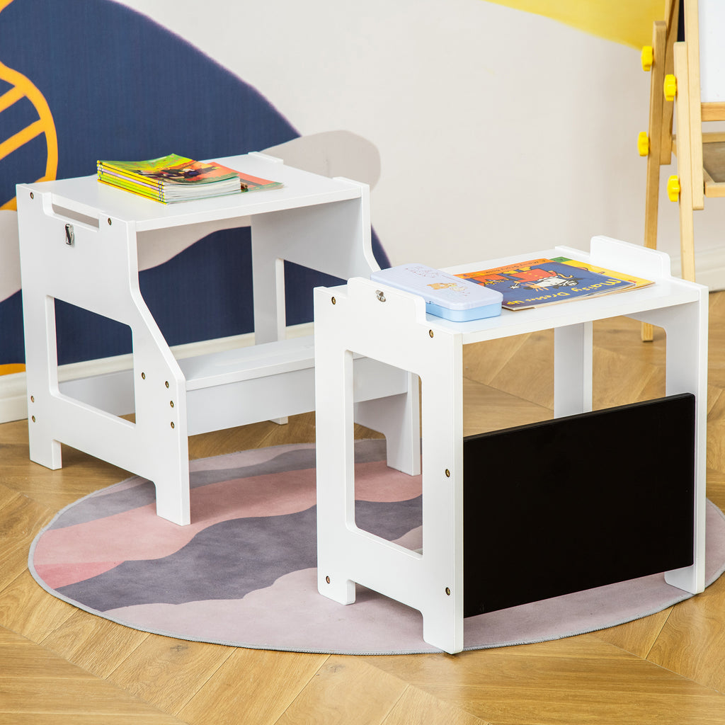 HOMCOM Lern- und Malstuhl mit Kreidetafel und 3-in-1 Schreibtischhockerfunktion - rutschfeste Stufen, Sicherheitsbügel, hohe Stabilität - MDF Weiß Schwarz