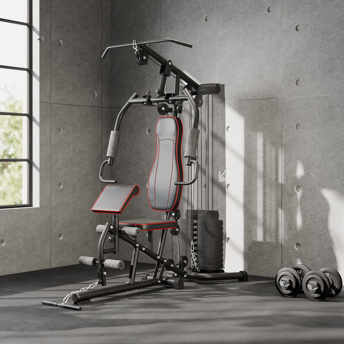 HOMCOM Heimtrainer, Trainingsstation, Hantelbank, Brustpresse, Stahl, 170x104x205 cm, Schwarz