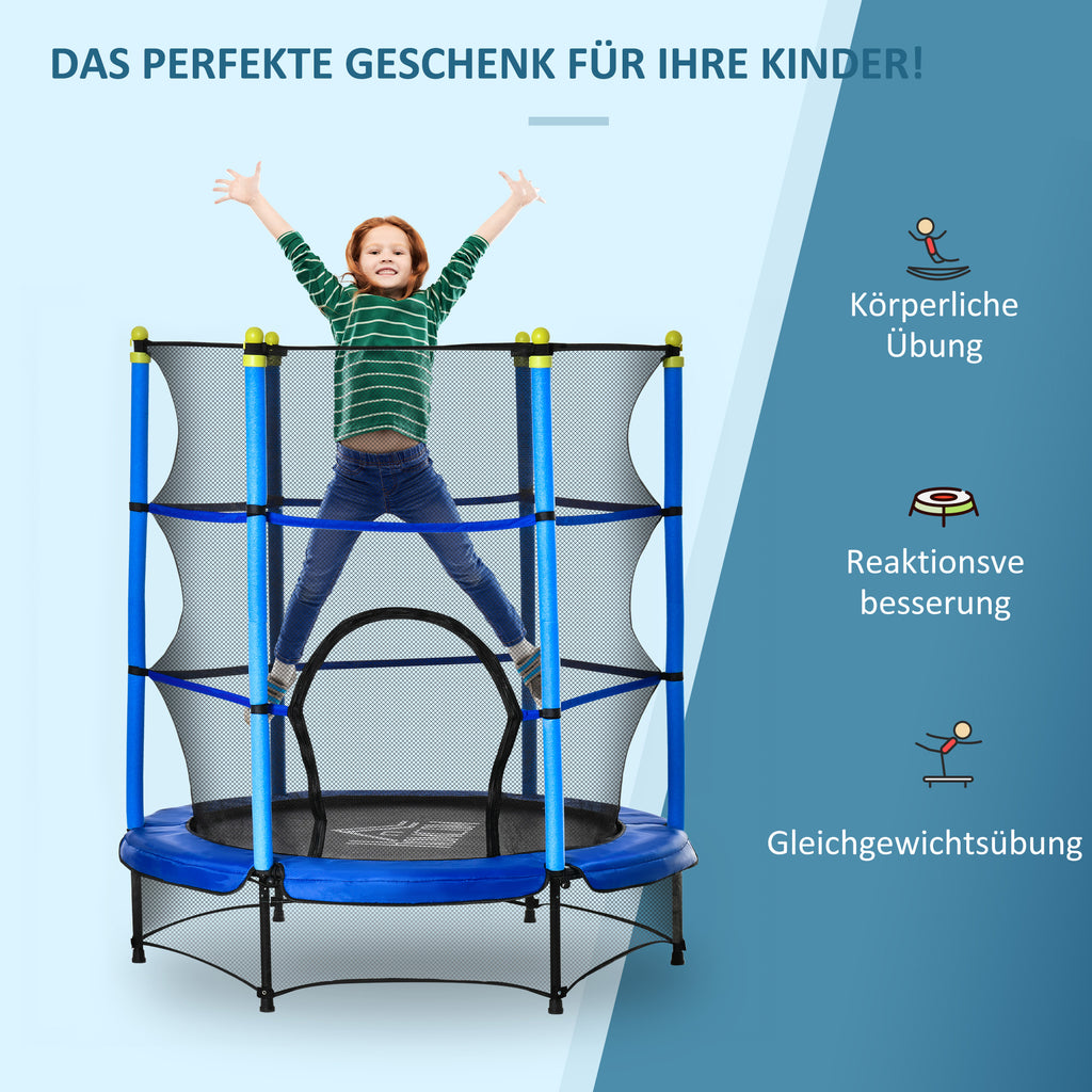HOMCOM Kindertrampolin Ø140 cm, Trampolin mit Sicherheitsnetz, Randabdeckung, Gartentrampolin für Kinder 3-10 Jahre, bis 50 kg belastbar, Blau