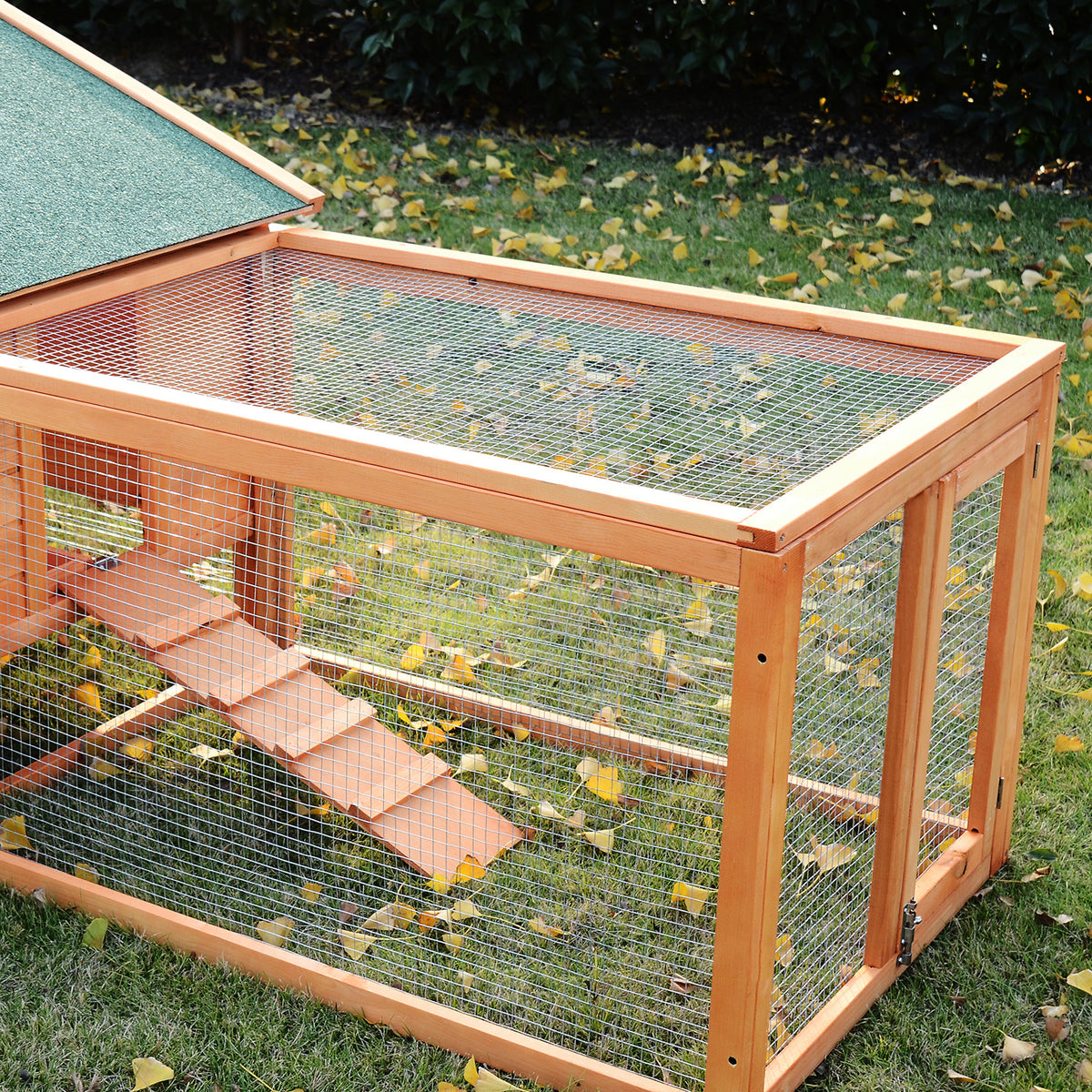 PawHut Kleintierstall Kleintierkäfig, 2 Freigehegen, 2 Rampen, 309 cm x 79 cm x 86 cm, Natur + Grün
