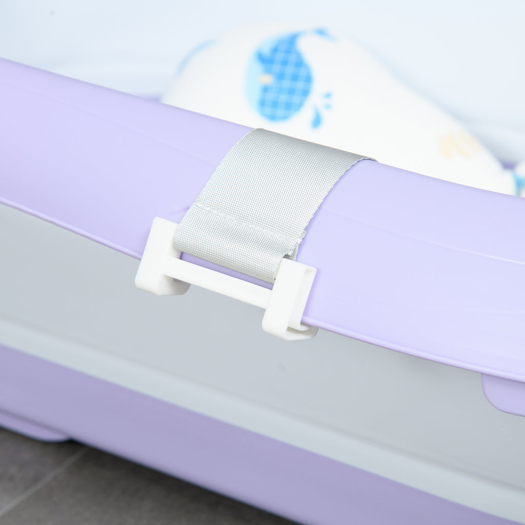 ZONEKIZ Faltbare Babybadewanne für Kinder von 0-6 Jahren mit Kissen und 2 Regalen, 83x48x23,5 cm, Lila und Weiß