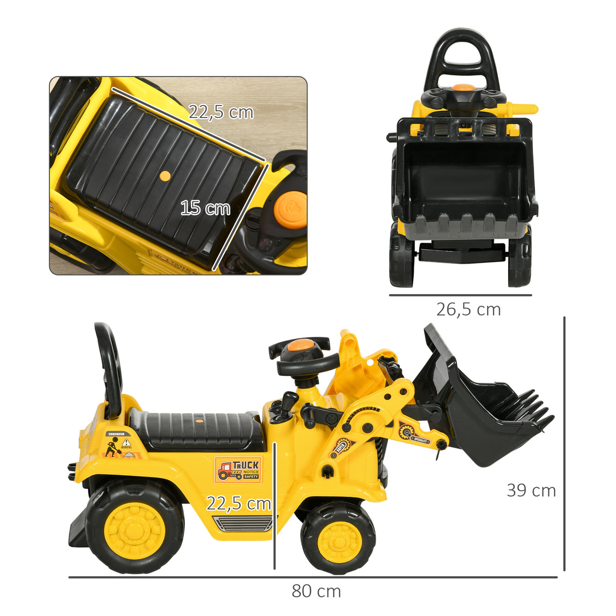 HOMCOM Sitzbagger mit eingebautem Ablagefach Kinder Rutschauto Traktor Kinderbagger mit Hupe Rutscher Bagger Rutscherfahrzeug Laufrad Gelb+Schwarz 80 x 26,5 x 39 cm