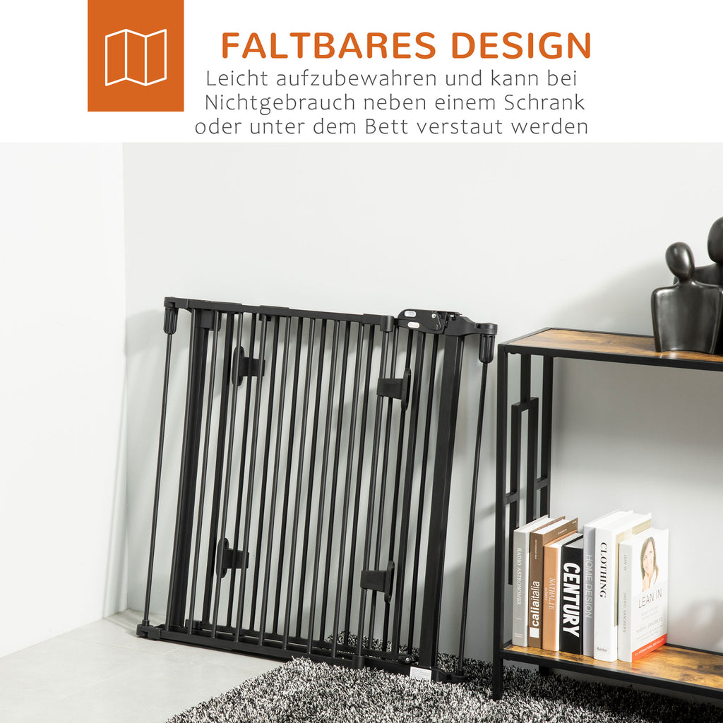 PawHut Hunde Absperrgitter Türschutzgitter Haustierschutzgitter verstellbar klappbar Kamingitter mit automatische schließenden Tür 3 Paneele für Ofen Wandmontage/Freistehend Schwarz 202,5 x 76 cm