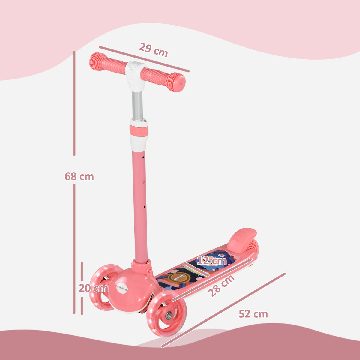 AIYAPLAY Kinder Tretroller 3 LED-leuchtende Räder Höhenverstellbarer TPE-Lenker Hinterrad-Reibungsbremse von 2 bis 6 Jahren in Rosa