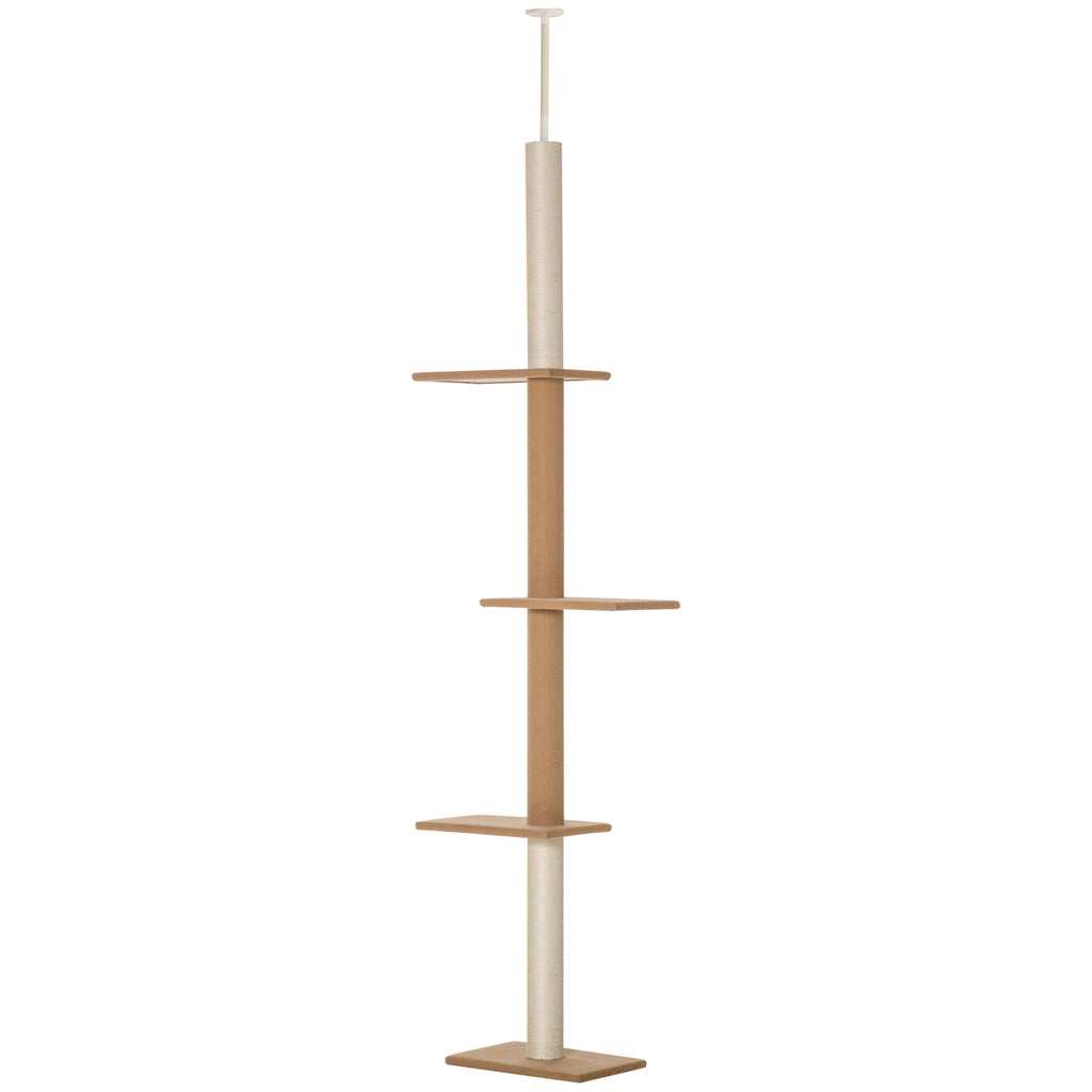 PawHut Kratzbaum Deckenhoch, 228-260 cm Höhenverstellbarer Katzenbaum Kletterbaum für Katzen mit 3 Ebenen, Katzenkratzbaum, Spielbaum vom Boden bis zur Decke Khaki