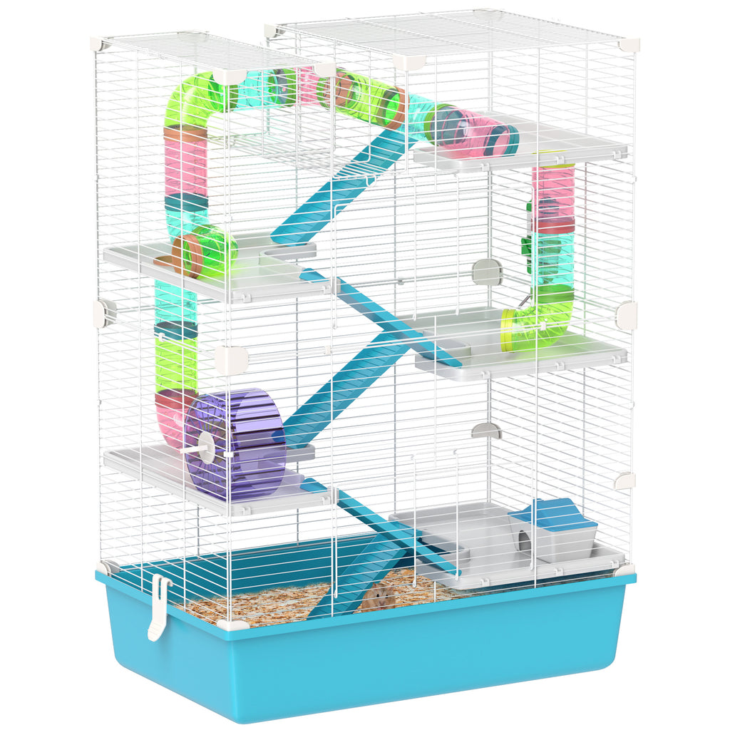PawHut 6-stöckiger Hamsterkäfig mit Röhren, Tunnels, Hütte, Laufrad, Futterschale, Wasserflasche, Rampen, Hellblau