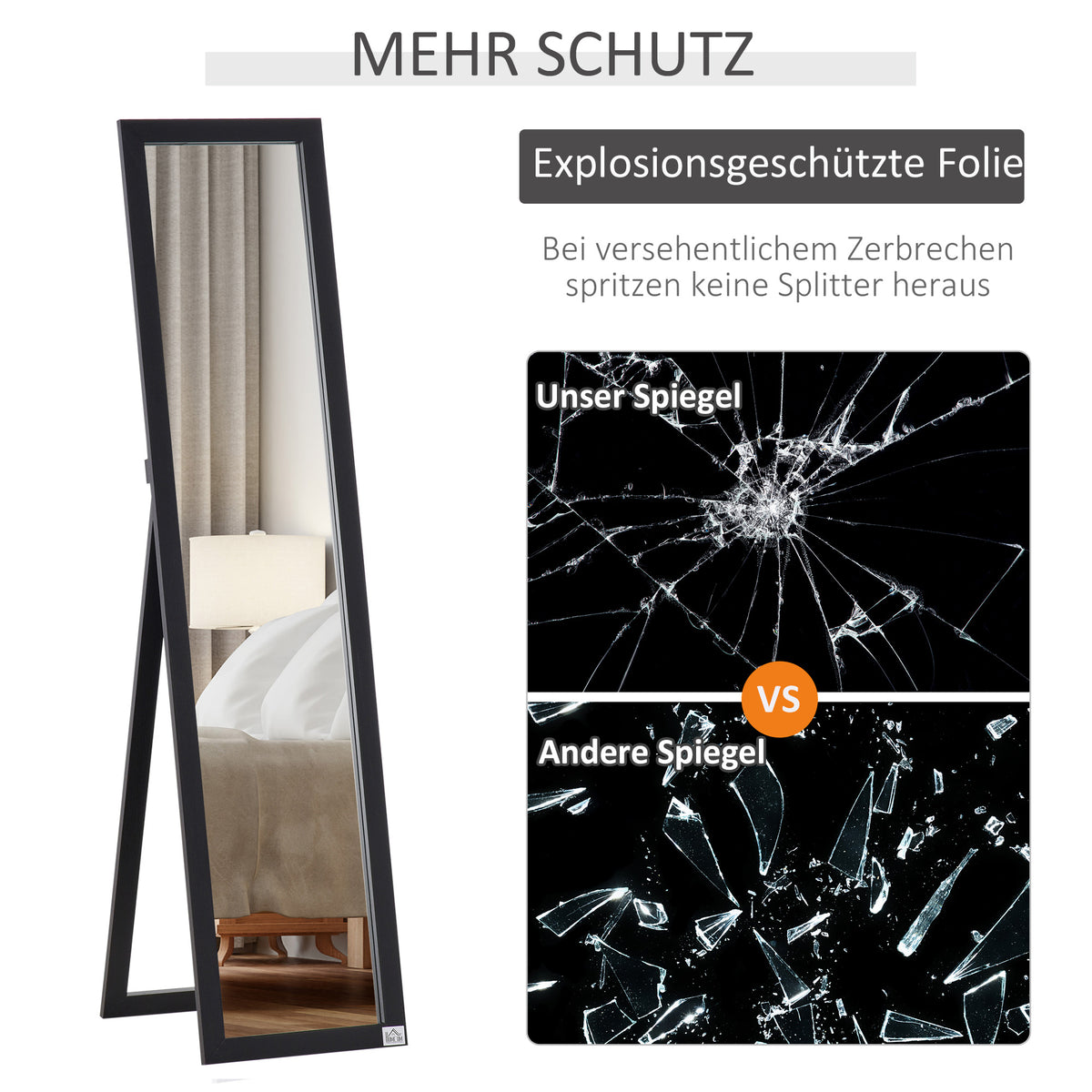 HOMCOM Ganzkörperspiegel, freistehend, Wandmontage, MDF-Rahmen, 37 x 37 x 154 cm, Schwarz