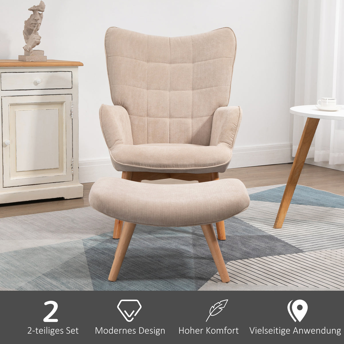 HOMCOM Akzentsessel mit Hocker, Relaxsessel in Cord-Optik, Armlehnstuhl mit Holzbeinen, für Wohnzimmer, Beige
