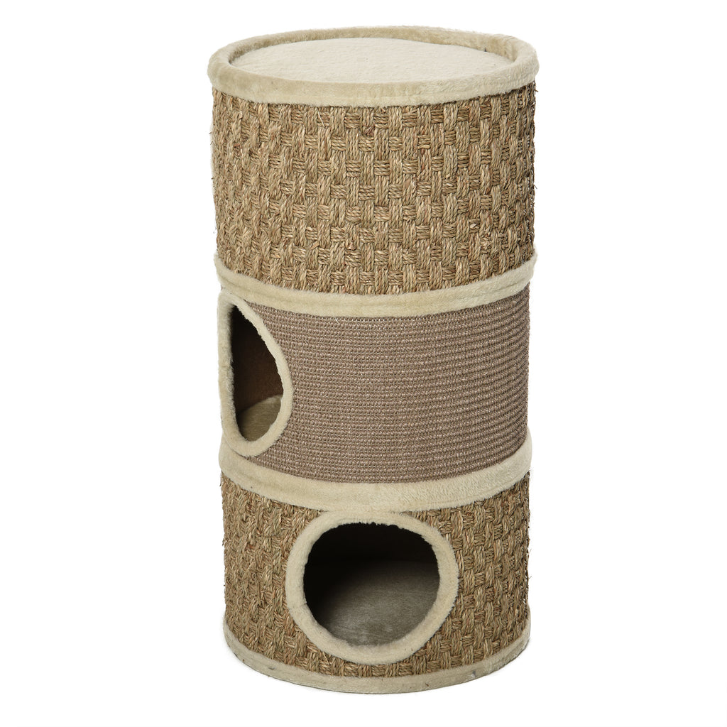 PawHut Kratztonne, Höhe 70 cm, Katzenkratzbaum für katzen 3 Ebenen Katzenbaum Kletterbaum Katzenmöbel mit Sisal Plüsch