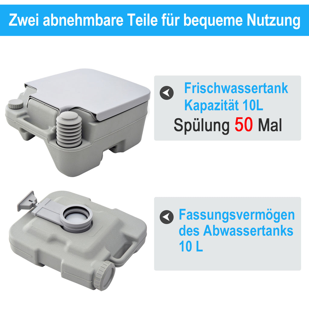 HOMCOM Outdoor-WC, tragbare Toilette, Abfalltank, Spültank, Kunststoff, Deckel, Grau