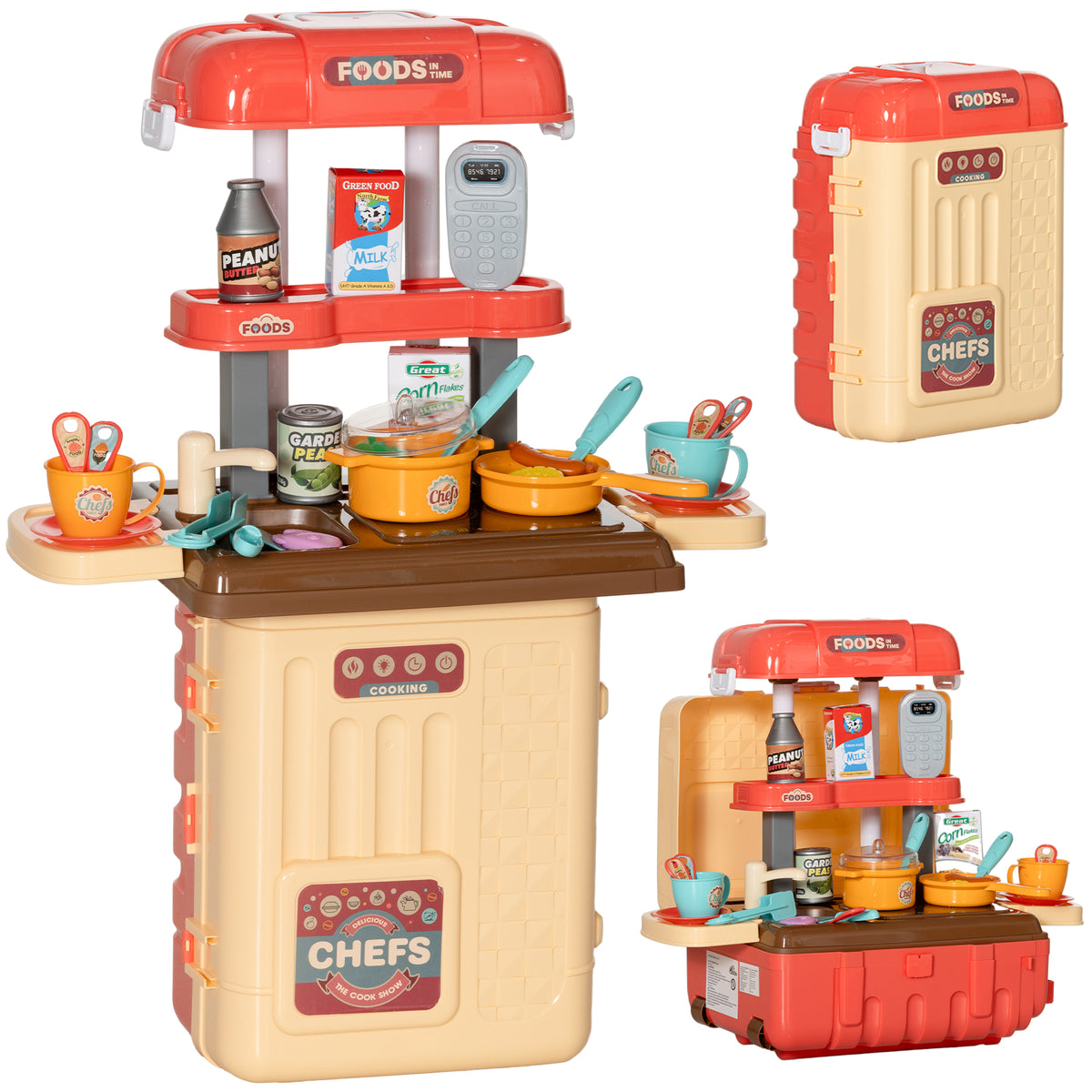 AIYAPLAY Kinder Spielküche 3 in 1 mit 36 Teilen inkl. Bestecktisch, Esstisch und Wagen, aus PP und ABS, 48x26x64 cm