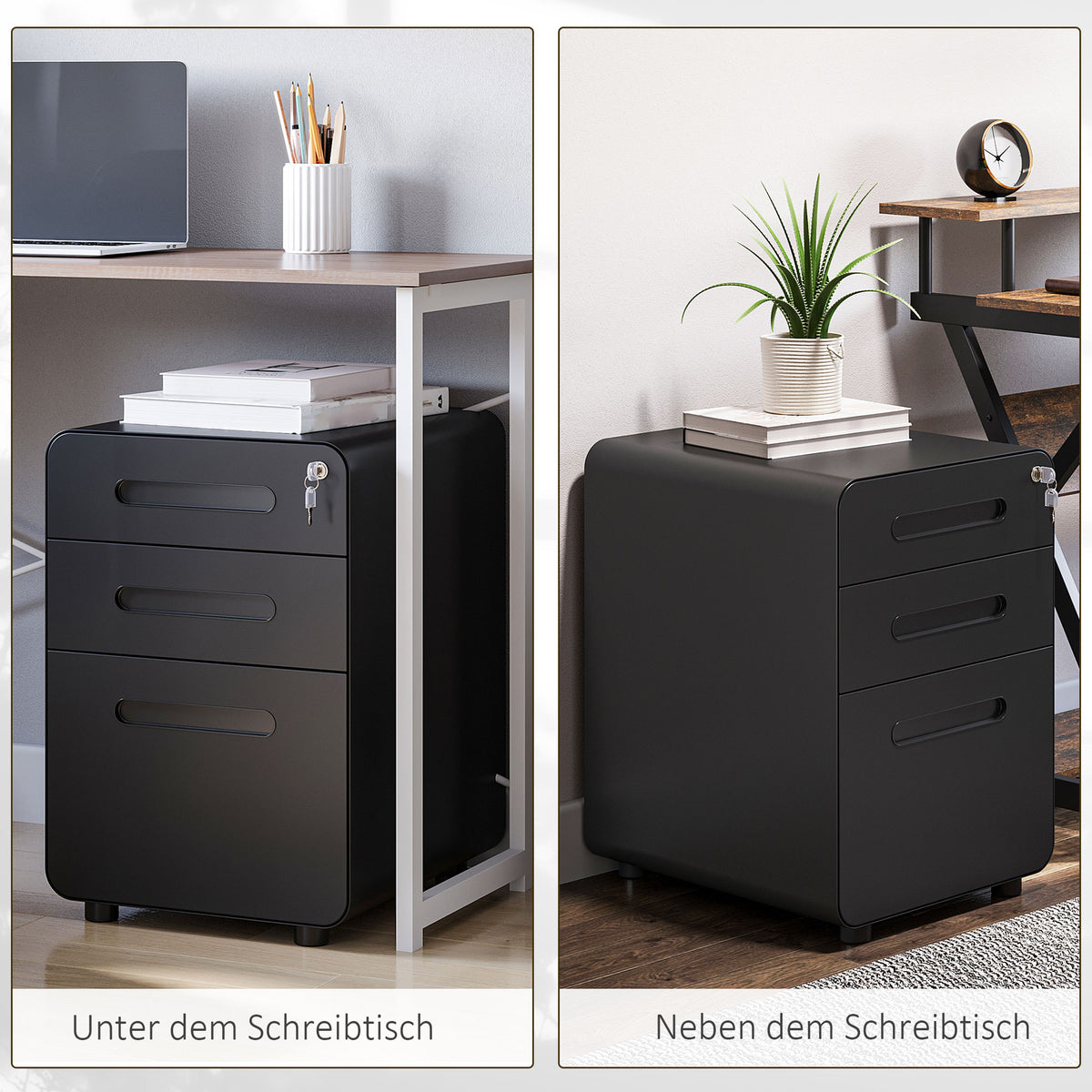 Vinsetto Rollcontainer, mobiler Aktenschrank mit 3 Schubladen, abschließbarer Büroschrank mit Hängeregistratur, Aufbewahrung, Stahl, 39 x 48 x 59 cm Schwarz