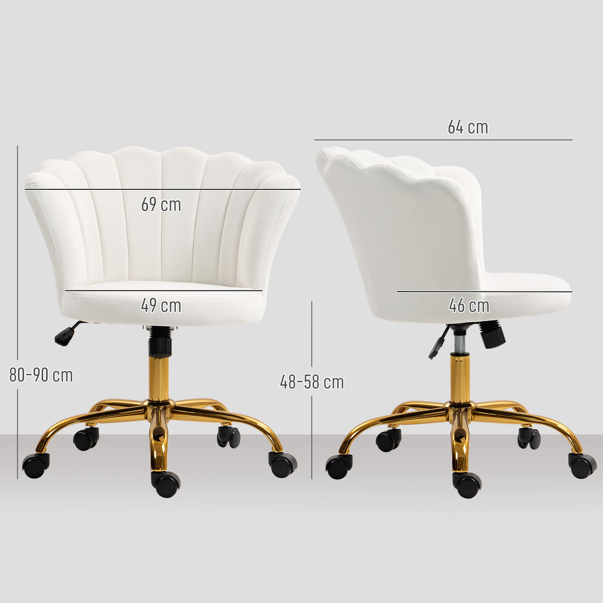 HOMCOM Bürostuhl aus Samt, Friseurstuhl mit Blumenblatt-Rückenlehne, verstellbare Höhe, 69 x 64 x 80-90 cm, weiß