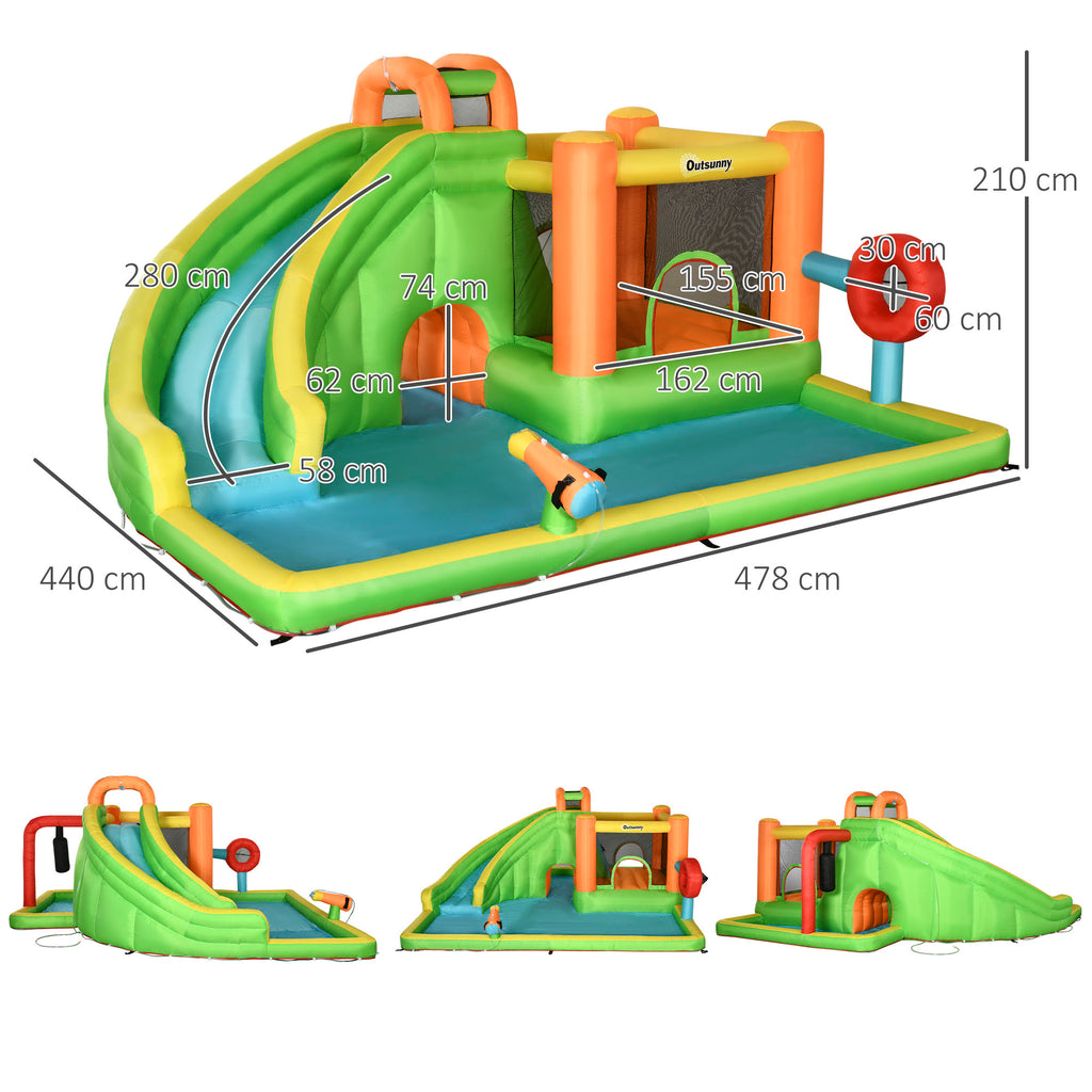 Outsunny Aufblasbare Hüpfburg mit Rutsche, Hüpfecke, 2 Wasserbecken, Boxsack, 478 x 440 x 210cm