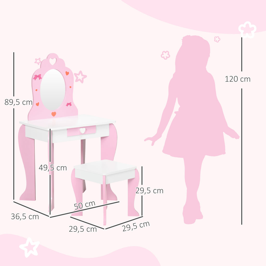 ZONEKIZ Kinderschminktisch für Mädchen von 3 bis 6 Jahren Schminktisch mit Hocker Spiegel und Schublade 50 x 36,5 x 89,5 cm Rosa