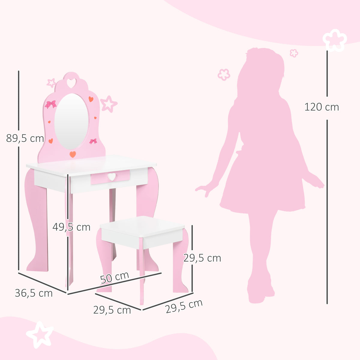 ZONEKIZ Kinderschminktisch für Mädchen von 3 bis 6 Jahren Schminktisch mit Hocker Spiegel und Schublade 50 x 36,5 x 89,5 cm Rosa