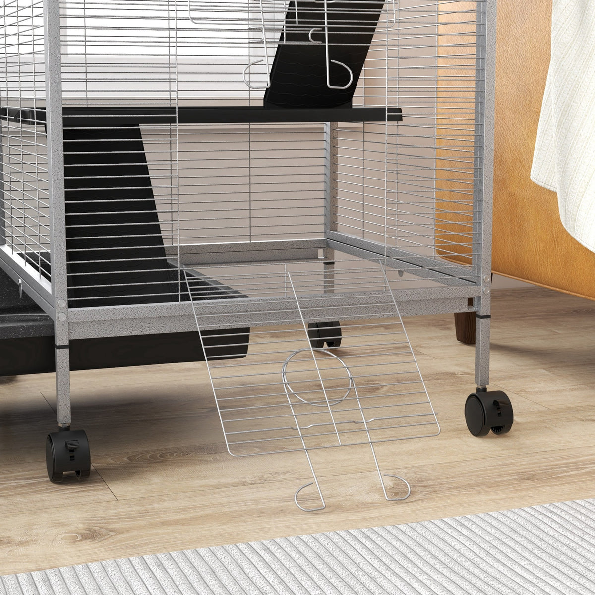 PawHut Käfig für Kleintiere Portable auf 4 Ebenen mit Rollen, 2 Türen, 3 Rampen, Hängematte und herausnehmbarem Tablett