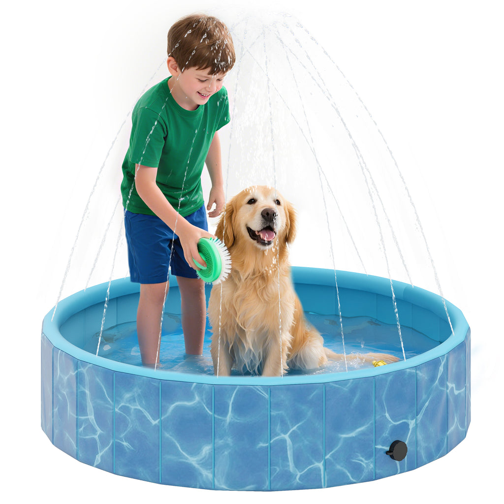 PawHut Hundepool Faltbar Planschbecken mit Brunnen- und Wasserpolsterdesign Ø120 x 30 cm Blau