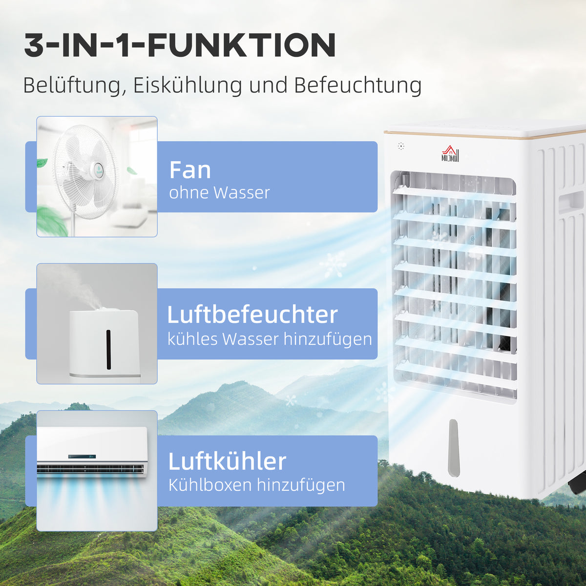 HOMCOM Luftkühler, mobil, mit Luftbefeuchtung, 3 Modi & Geschwindigkeiten, Timer, Weiß