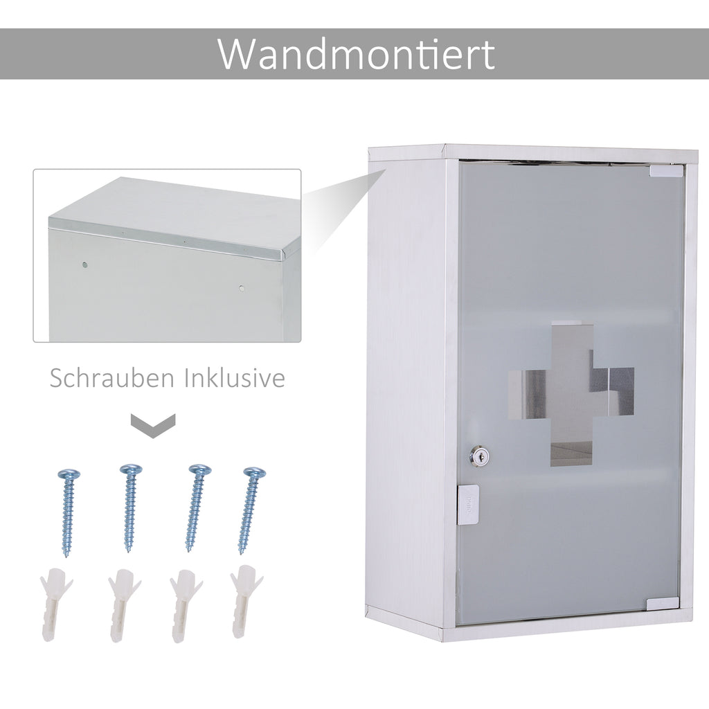HOMCOM Medizinschrank Arzneischrank aus Edelstahl, Abschließbar Medikamentenschrank mit 3 Fächern, Glastür Apothekerschrank zur Medikamenten-Aufbewahrung, 30 x 18 x 50 cm