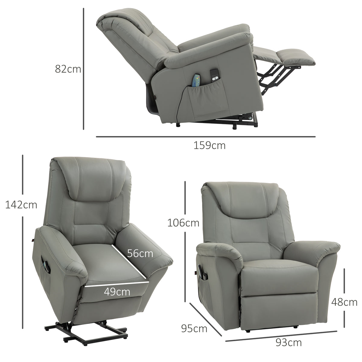 HOMCOM Relaxsessel mit Aufstehhilfe, Massage, Heizung, Kunstleder, 93x95x106 cm, Hellgrau