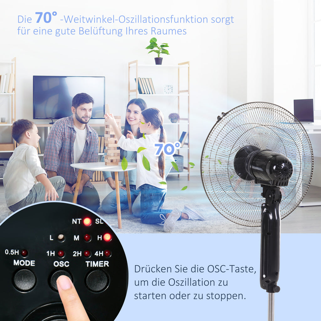 HOMCOM Standventilator mit Fernbedienung, Ventilator, Höhenverstellbarer Lüfter, 3 Geschwindigkeitsstufen, Verstellbarer Neigungswinkel, Metall, Schwarz, Ø44,5 x H110-124 cm