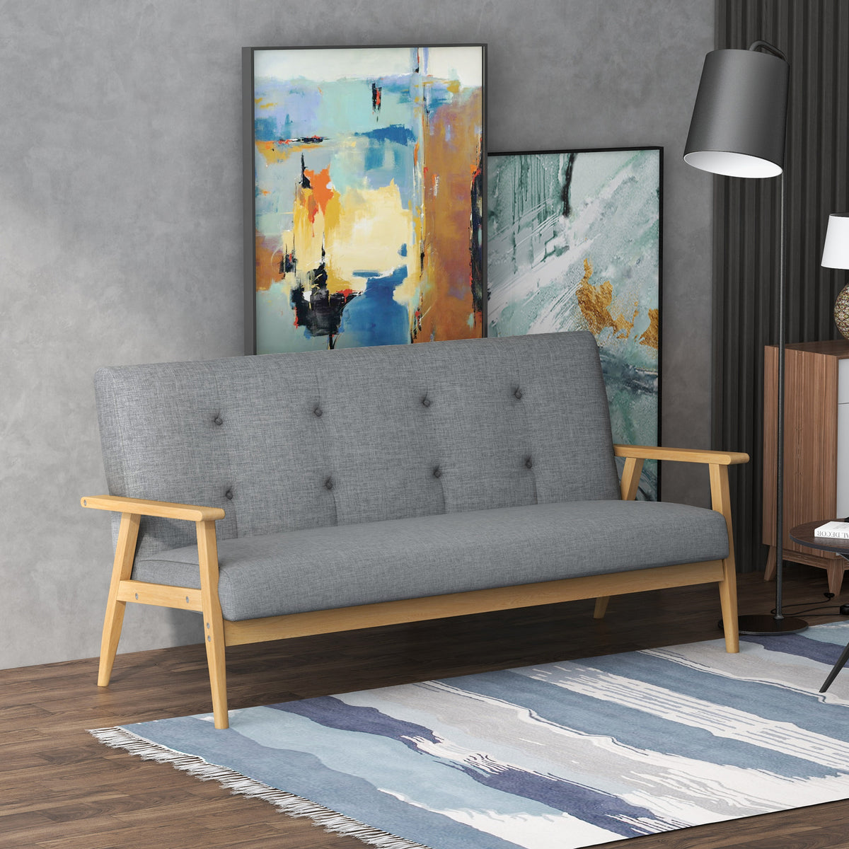 HOMCOM Dreisitzer-Polstersofa, Kautschukholz, 154,5 x 69,5 x 73 cm, Grau