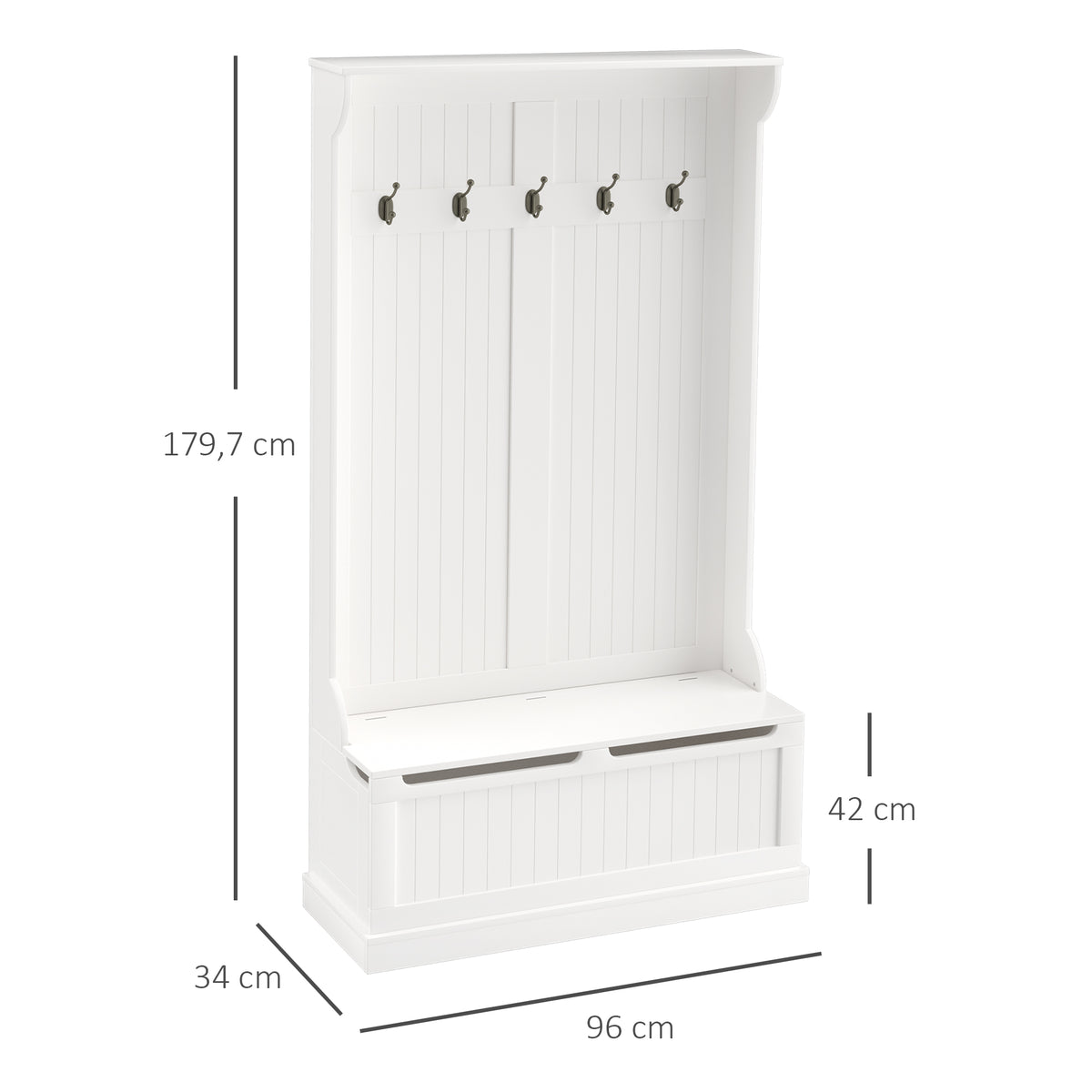 HOMCOM Garderobe mit Sitzbank, 5 Kleiderhaken, 1 Stauraum, Wandgarderobe, Weiß + Schwarz