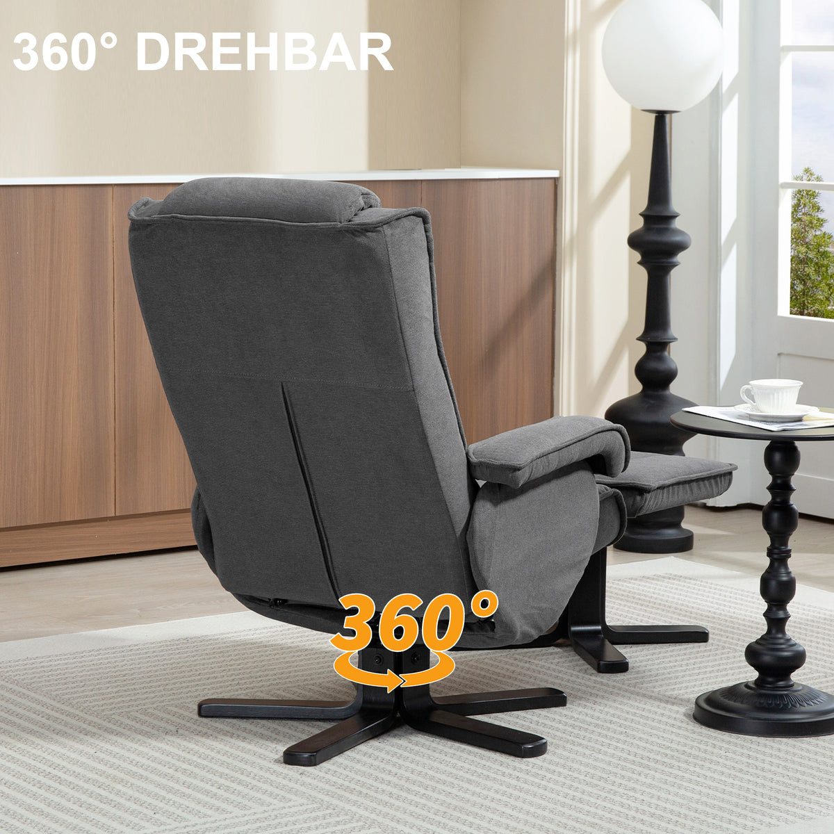 HOMCOM Schaukelbarer Relaxsessel mit Fußhocker, Stoffbezug in Samtoptik, drehbarer Polstersessel, Holzgestell, Grau