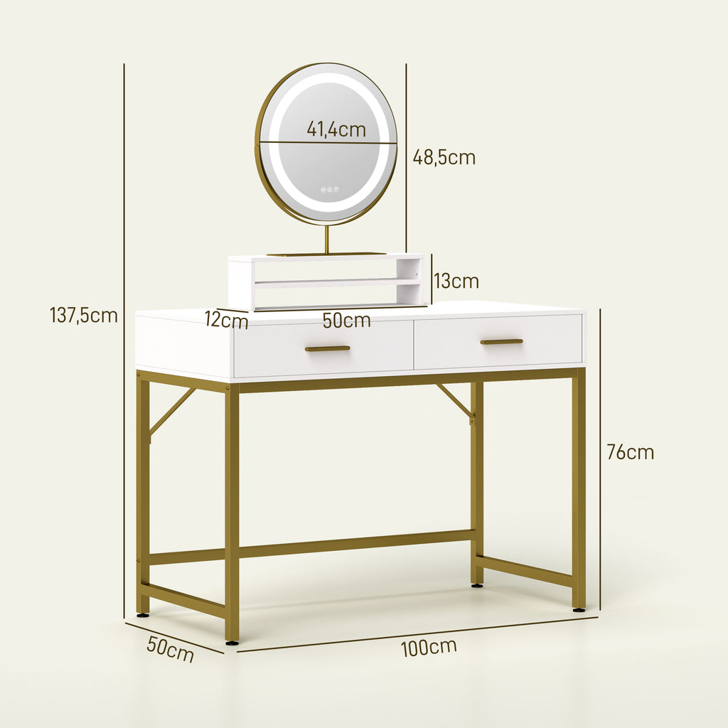 HOMCOM Kosmetiktisch mit 360° Spiegel, LED-Beleuchtung, 2 Schubladen, Weiß/Gold