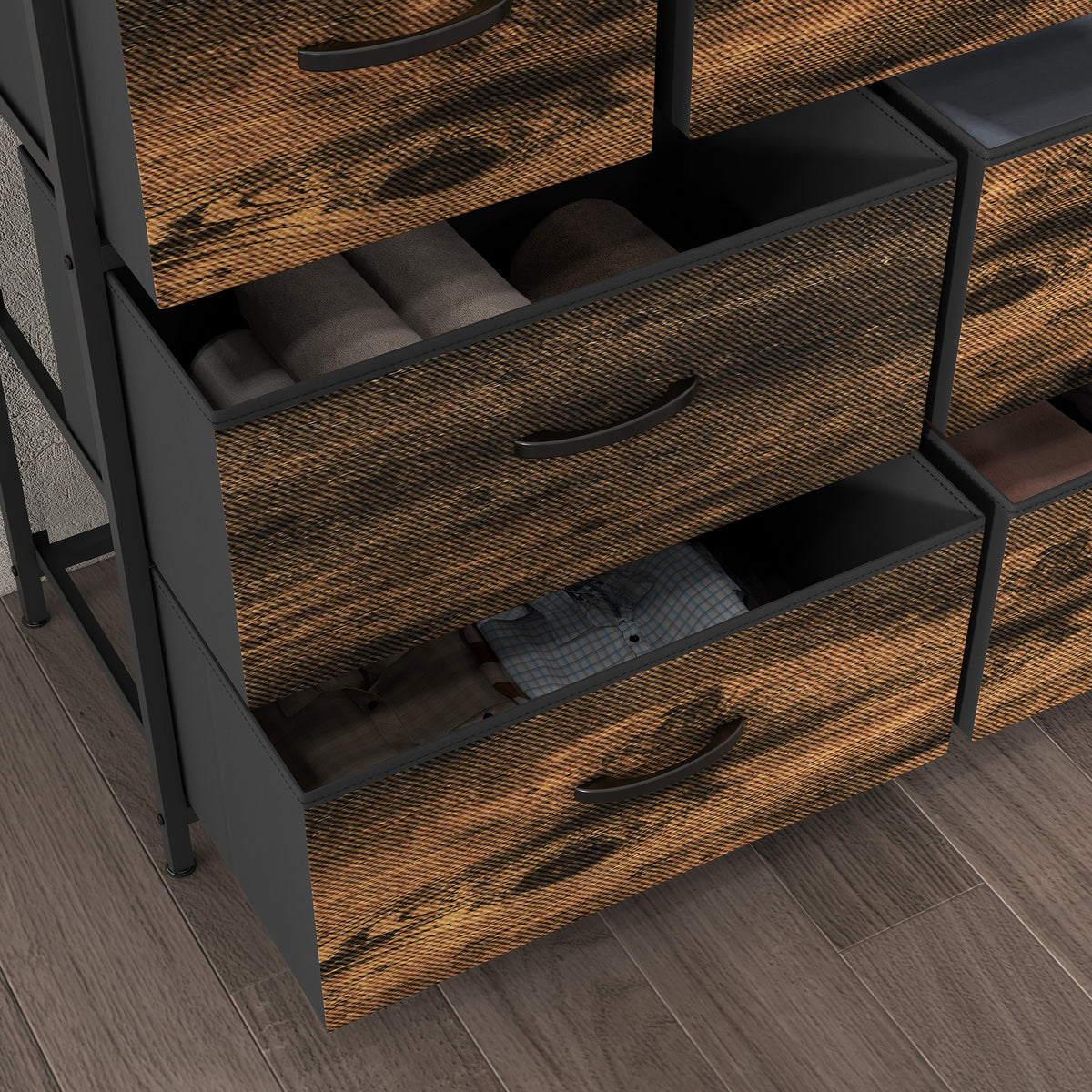 HOMCOM Kommode, Sideboard mit 7 Stoffschubladen, Industrial Design, Stahlrahmen, 98x29x85cm, Braun/Schwarz