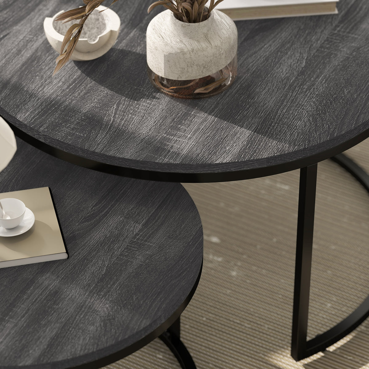 HOMCOM Couchtisch 2er-Set, Beistelltisch mit Metallgestell, Sofatisch, stapelbar, Kaffeetisch, Wohnzimmer, Schlafzimmer, Schwarz