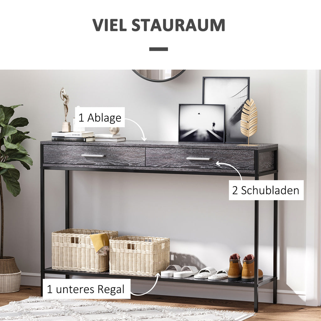 HOMCOM Konsolentisch Eingangstisch Beistelltisch 2 Schubladen Unterregal Stahl Grau 120 x 30 x 81,5 cm