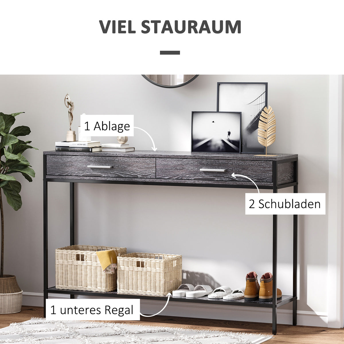 HOMCOM Konsolentisch Eingangstisch Beistelltisch 2 Schubladen Unterregal Stahl Grau 120 x 30 x 81,5 cm