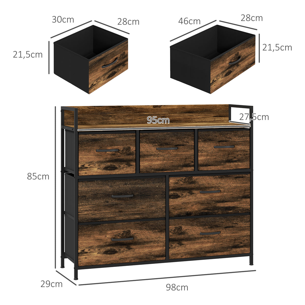 HOMCOM Kommode, Sideboard mit 7 Stoffschubladen, Industrial Design, Stahlrahmen, 98x29x85cm, Braun/Schwarz