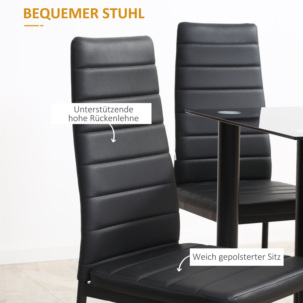 HOMCOM 5-tlg. Essgruppe Sitzgruppe Esstisch mit 4 Stühlen, modernes Design, Glastisch, Schwarz