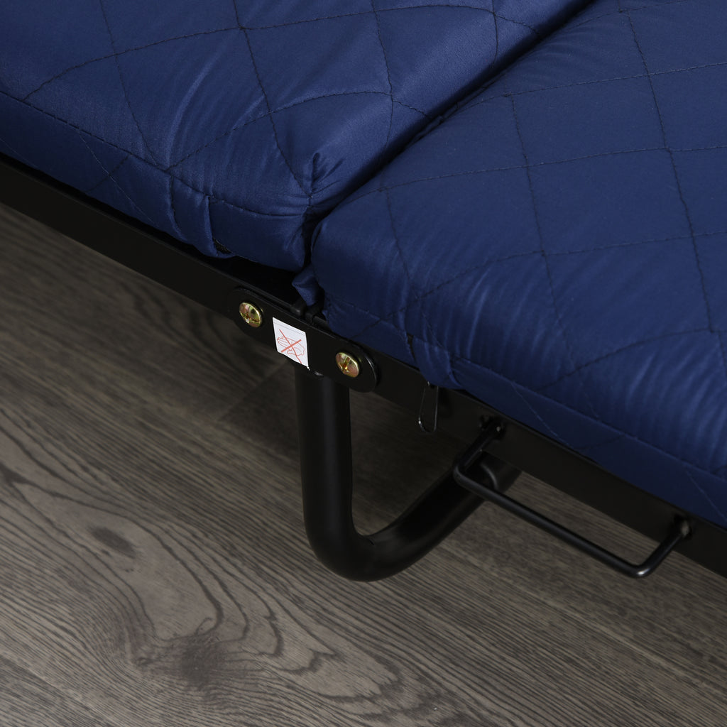 HOMCOM Klappbett 65x184 cm, Erwachsene Gästebett Klappbar mit 6 cm Dicker Schaumstoff, Reisebett mit Metallrahmen, Feldbett mit Rollen und höhenverstellbarem Kopfteil, bis 120 kg belastbar, Blau
