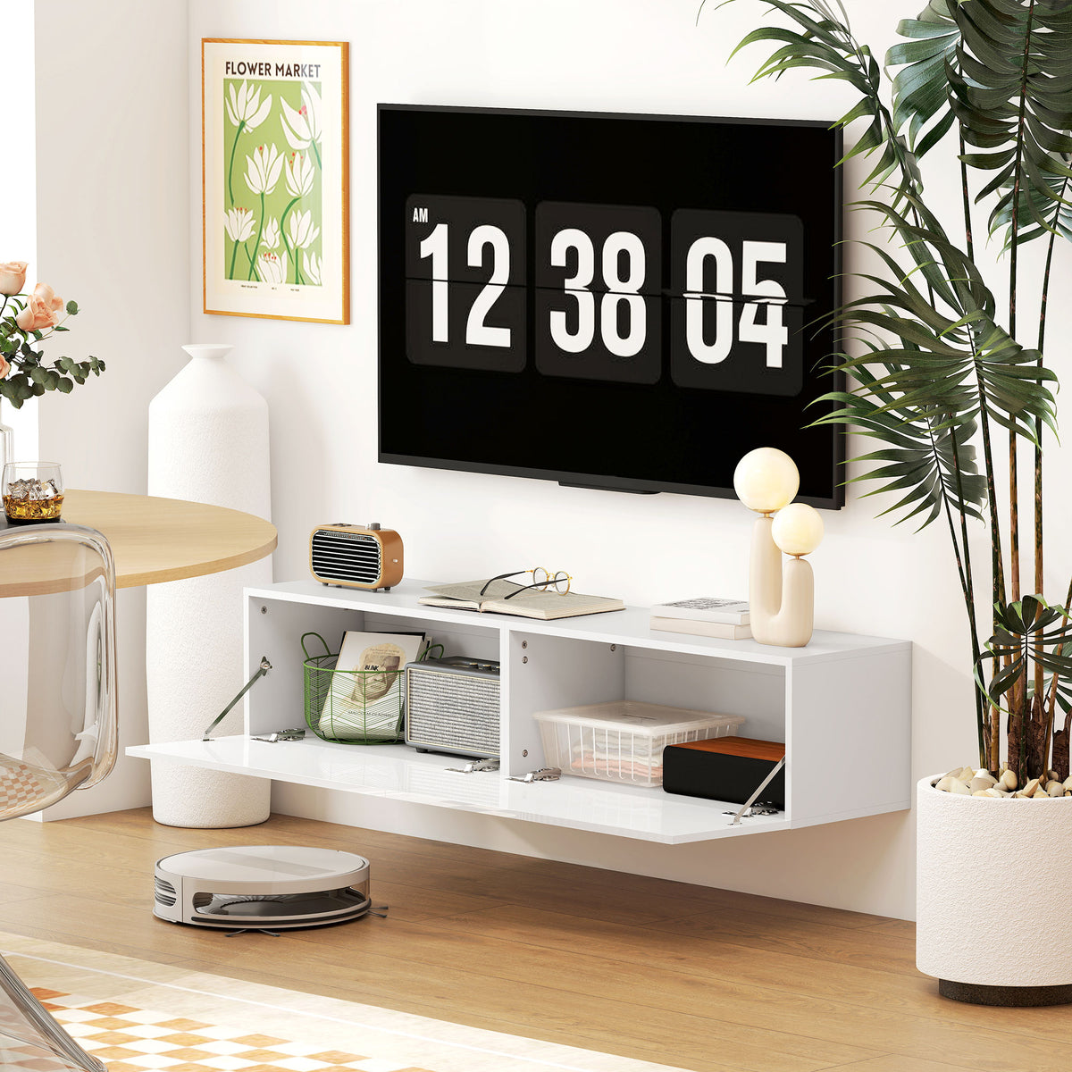 HOMCOM Wandmontierter TV-Schrank, schwebende TV-Kommode mit viel Ablagefläche und Stauraum, Spanplatte, Weiß